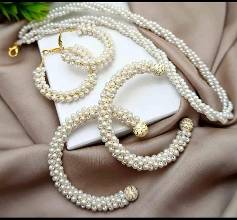 Women Pearl Elegant Jewelry Set ,kangan, Mala & Earrings Pearl Set(white)