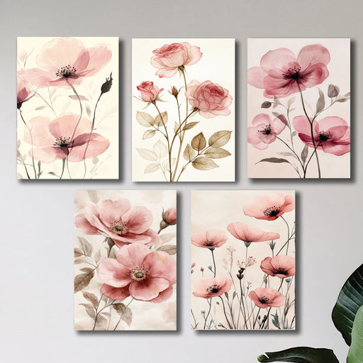 Set Of 5 Pink Flowers Floral Wall Art